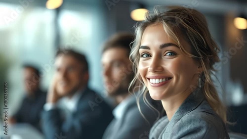 Wallpaper Mural A woman smiles brightly while attending a meeting with a group of people. They are seated at a table in a modern indoor space. Focus is on their expressions and interactions. Torontodigital.ca