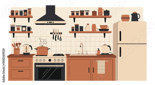 A warm and inviting modern kitchen interior with appliances cookware shelves and decorative items perfect for culinary creativity.