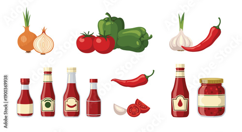 A flavorful collection of sauces and fresh ingredients including onions tomatoes peppers and garlic essential for various culinary creations.