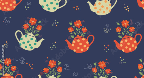 A charming seamless pattern of polka dot teapots overflowing with vibrant flowers creating a whimsical and delightful tea time aesthetic.