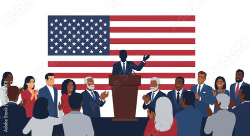 Vector illustration of a diverse audience listening to a person making a speech at a podium with a large American flag behind, celebrating Presidents Day in the USA.