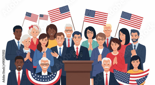 Illustration of diverse people celebrating Presidents' Day with a speaker at a podium, surrounded by American flags and decorations.
