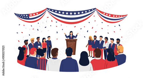 Illustration of a person making a speech at a Presidents Day celebration in the USA with a crowd of people and patriotic decorations.