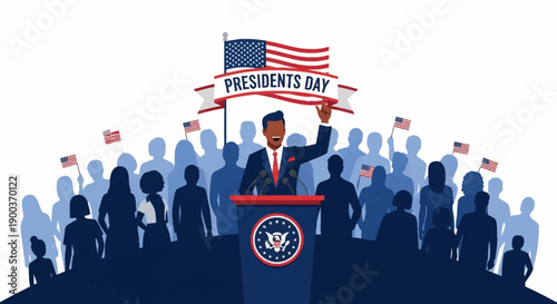 Illustration of a man in a suit making a speech on Presidents Day with an American flag waving in the background and a crowd of people listening.