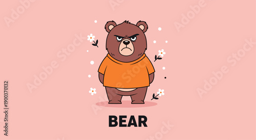 A humorous illustration of an angry bear character wearing an orange shirt with the word "BEAR" on a gentle pink background.