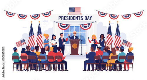 Illustration of people celebrating Presidents Day with a speech at a podium, surrounded by American flags and festive decorations in a USA holiday scene.