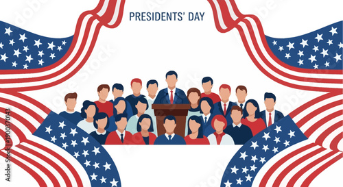 Illustration of diverse people gathered around a podium with a USA flag design, celebrating Presidents' Day in a festive and patriotic setting.