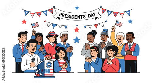 Illustration of diverse people celebrating Presidents' Day with a banner and American flag decorations, a speaker addressing an audience in a festive holiday scene.