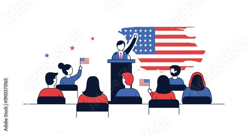 Illustration of a person making a speech to an audience celebrating Presidents' Day in the USA with American flags and decorations.