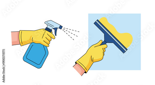 Hands in yellow gloves demonstrate efficient window cleaning with a blue spray bottle dispensing cleaner and a squeegee tool.