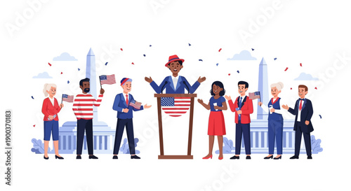 Illustration of people celebrating Presidents Day with a speaker at a podium in front of the USA flag and cityscape, conveying a festive holiday mood with patriotic decorations.