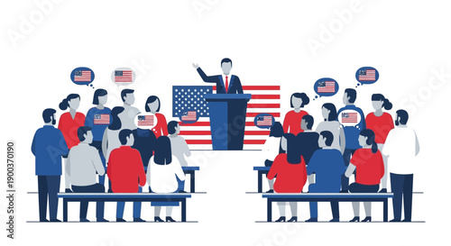 Illustration of a person making a speech at a Presidents Day celebration in the USA, with an audience and American flag decorations.
