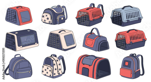 Diverse collection of pet carriers and travel bags in various shapes and designs for comfortable and safe animal transport.