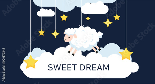Whimsical "Sweet Dream" illustration features a sleeping sheep floating on clouds, surrounded by glowing stars against a dark blue sky.