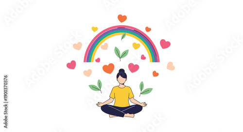 Serene woman meditating in a lotus position, surrounded by a colorful rainbow, green leaves, and floating hearts, promoting peace and wellness.