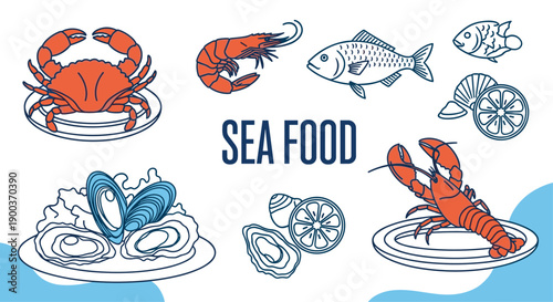 Delicious collection of seafood dishes including crab, shrimp, fish, mussels, oysters, and lobster, prepared for a gourmet meal.