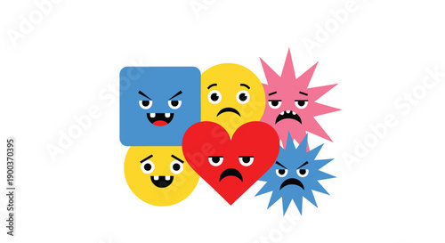 Collection of colorful geometric shapes with angry, sad, and annoyed facial expressions, symbolizing negative emotions or feelings.