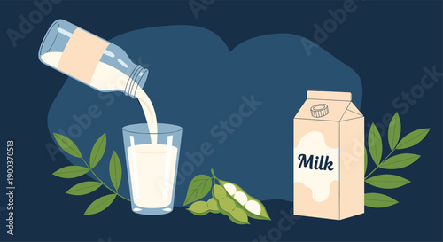 Delicious soy milk pouring from a bottle into a glass, accompanied by a carton and fresh soybeans, all set against a dark background.