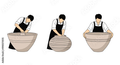 Step-by-step illustration depicting a potter's hands skillfully shaping clay on a wheel to create a large ceramic pot.