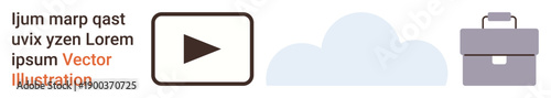 Digital media, cloud computing, storage services, business tools, modern technology, data sharing. Minimalist play button, cloud and briefcase icons. Media and cloud concepts