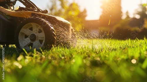Lawn Mower in Action Spraying Water on Grass at Sunset
