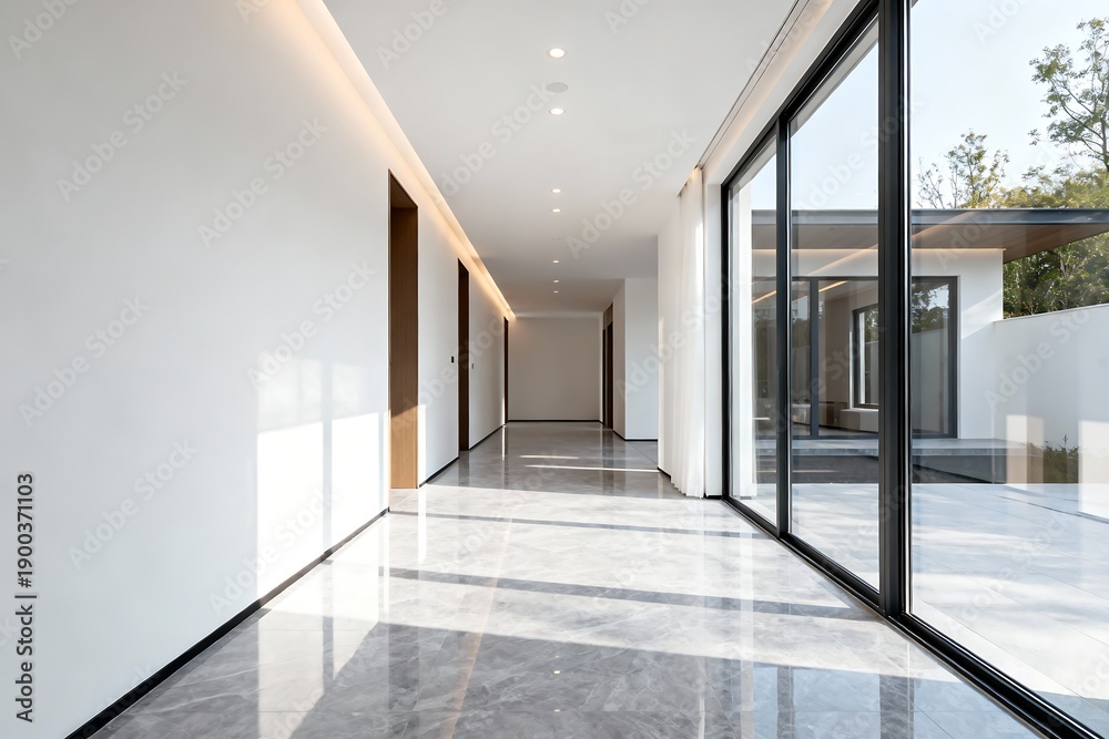 Fototapeta premium Generative AI Modern Minimalist Interior with Floor-to-Ceiling Windows and Bright Natural Light.