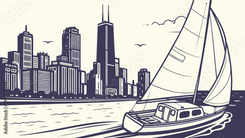 Chicago skyline with sailboat on lake michigan, perfect for travel brochures, city guides, website banners, and social media posts.