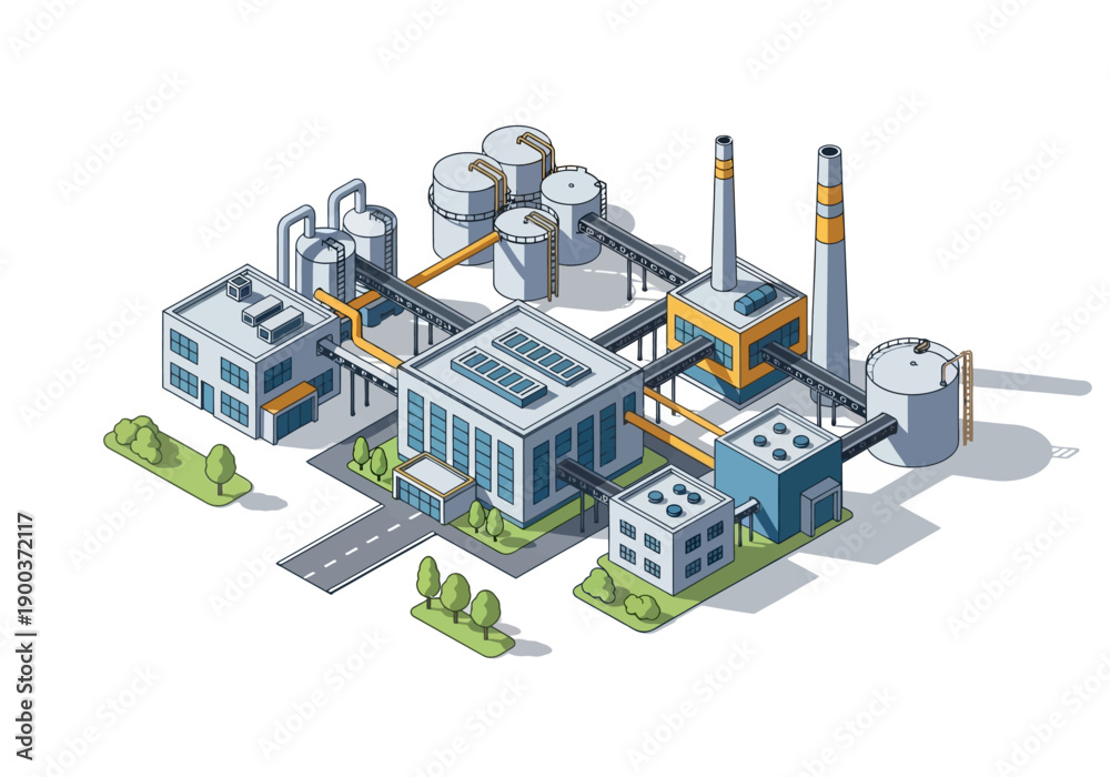 Obraz premium Modern industrial complex with interconnected buildings and pipelines, symbolizing manufacturing and production