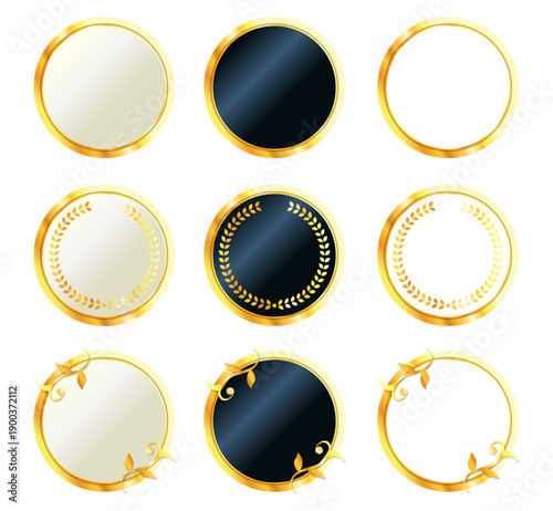 金色リーフ装飾の高級ラウンドバッジフレームセット / Luxury Gold Laurel and Vine Round Badge Frame Vector Set