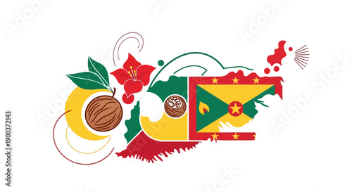 Illustrations of Grenada Independence Day on February 7, 1974, featuring the Grenada flag and island culture symbols.