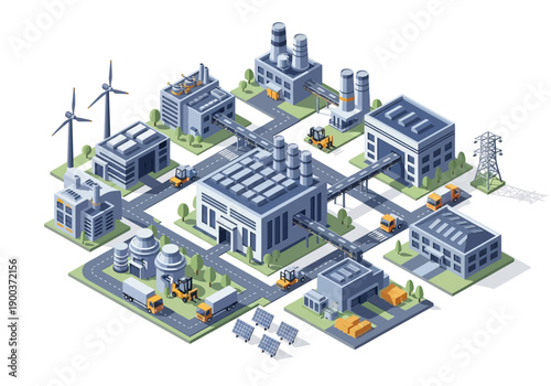 Isometric illustration of a modern industrial complex featuring factories, wind turbines, and solar panels