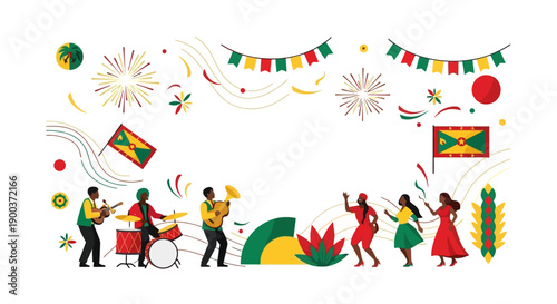 Illustrations of people celebrating with Grenada flag and decorations on Independence Day, February 7, 1974, in St. George's, Isle of Spice, Grenada culture