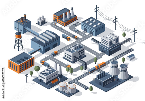 Isometric industrial complex with factories, power lines, and transportation infrastructure