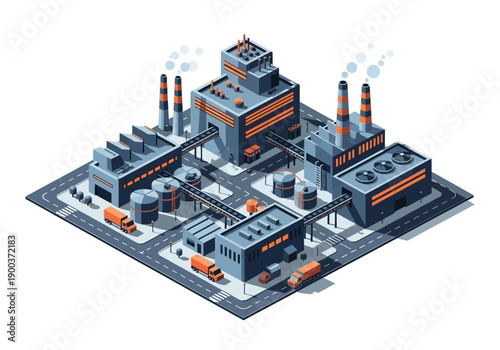 Isometric illustration of a modern industrial complex with multiple buildings and smokestacks emitting smoke, representing manufacturing and production