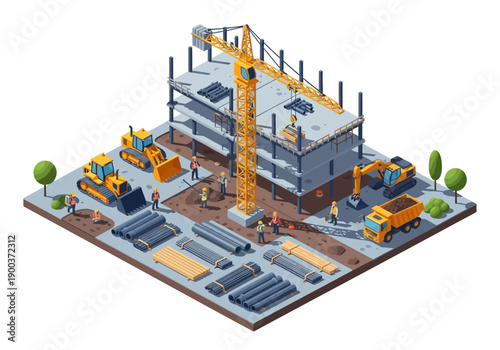 Isometric construction site with heavy machinery, building materials, and a crane constructing a building