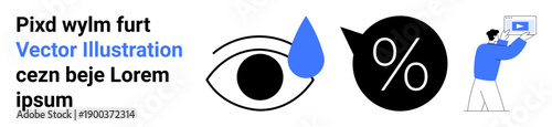 Open eye, blue water droplet, percentage symbol in a speech bubble, person holding a monitor. Ideal for visual communication, data analysis, marketing, savings, presentations education simple