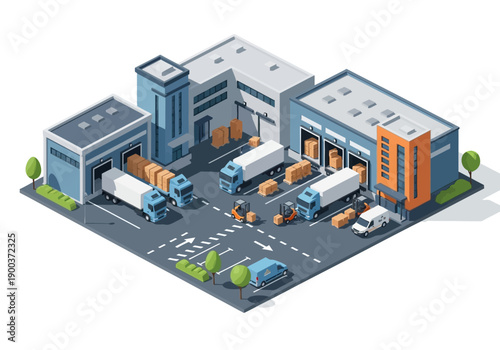 Modern Logistics Hub with Trucks, Warehouses, and Forklifts - Isometric Illustration