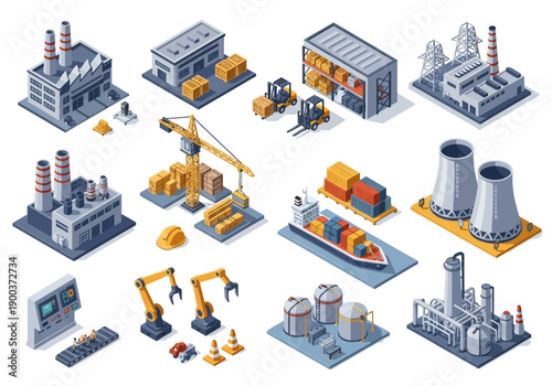 Industrial isometric set of factory buildings, warehouses, and heavy machinery