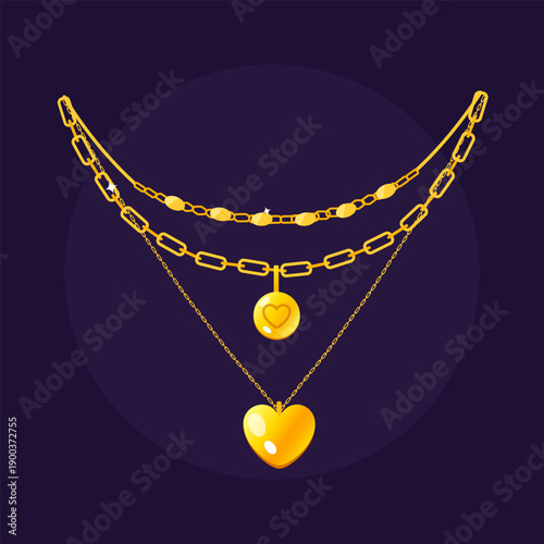 Luxury Gold Heart Necklace Set with Layered Chains and Pendant, Elegant Romantic Jewelry Illustration on Dark Background, Valentine’s Day, Wedding and Anniversary Gift Design, Premium Love Accessory.