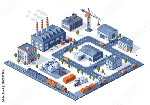 Industrial Cityscape with Factories, Warehouses, Trains, and Trucks