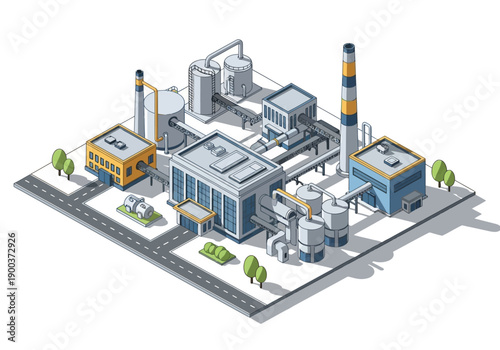 Modern industrial complex with multiple buildings, pipelines, and a tall smokestack in an isometric view, representing manufacturing and production