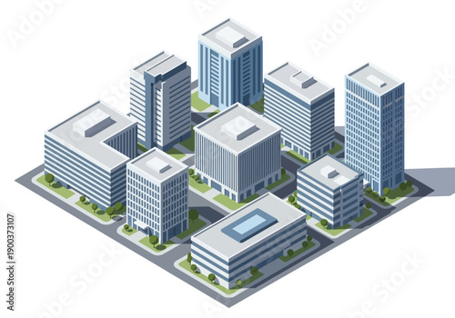 Isometric modern office buildings on a grid, city skyline illustration