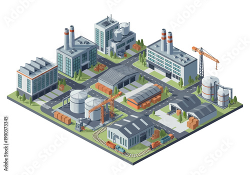 Isometric industrial park with warehouses, factories, and silos