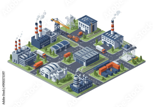 Isometric industrial complex with factories, warehouses, and trucks, showcasing manufacturing and logistics