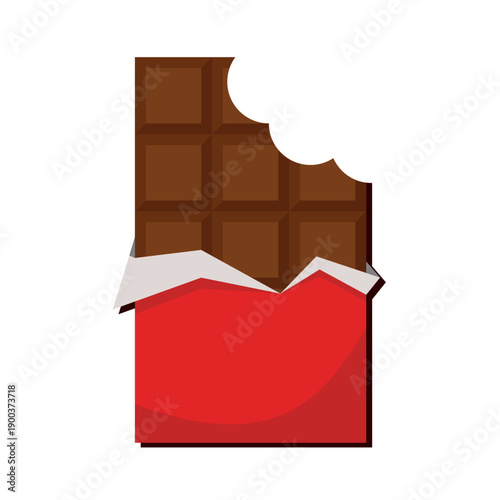 Bitten chocolate bar in opened red wrap and foil isolated on white background, dessert, vector illustration in flat style. Chocolate bar on white background. Milk chocolate bar.