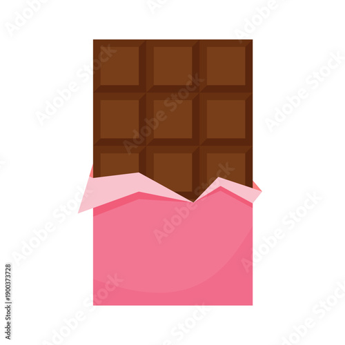 Chocolate bar in opened Pink wrap and foil isolated on white background, dessert, vector illustration in flat style. Chocolate bar on white background. Milk chocolate bar.