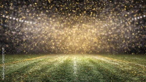 Golden sparkling particles illuminate a sports field under bright stadium lights