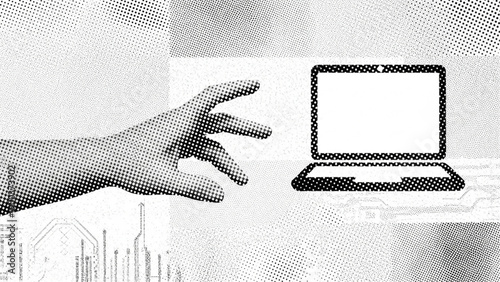 Halftone hand reaching towards laptop with blank screen workspace