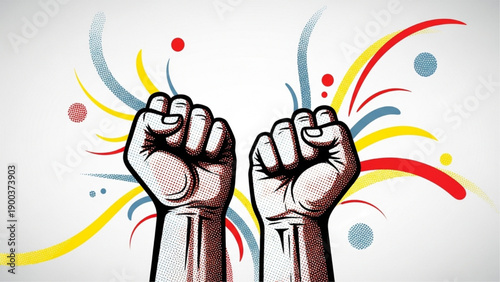 Raised Fists Symbolizing Unity and Solidarity in a Vibrant Illustration