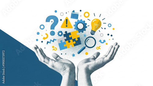  Halftone hands holding idea icons for problem solving concept